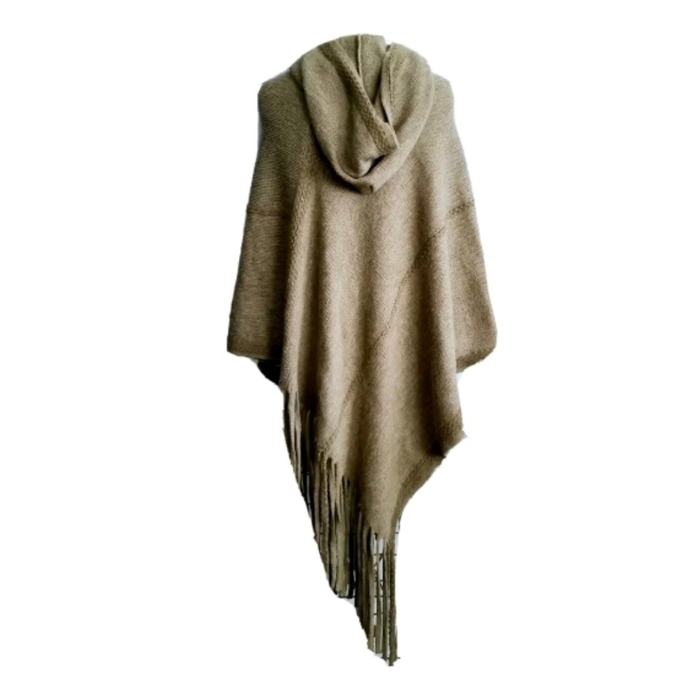 NEW Khaki Long Asymmetric Poncho w/ Hood, 1 sz - Picture 4 of 10